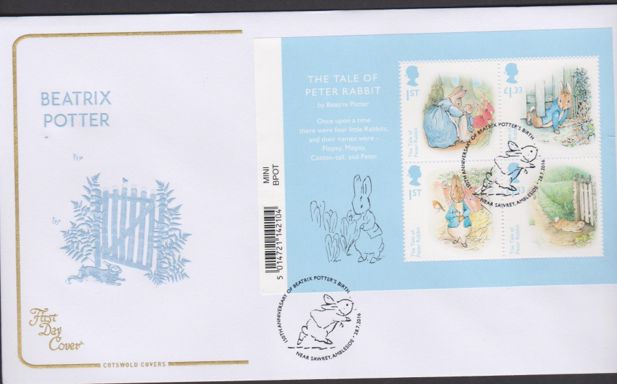 2016 - Beatrix Potter Minisheet COTSWOLD First Day Cover, Near Sawrey, Ambleside Postmark